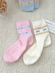 4双女士可爱蝴蝶结爱心图案中筒袜，多巴胺配色，舒适宽松，适合休闲/商务场合，四季皆宜，颜色随机发货 - 彩色 - 查看 6