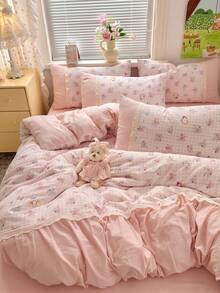 1 Juego de Ropa de Cama con Estampado Floral de Rosa, Incluye 1 Edredón, 1 Sábana Plana, 2 Fundas de Almohada, Suave y Cómodo para Dormitorio, Dormitorio, Uso Doméstico, Disponible en Múltiples Tamaños - Rosa Pálido - Ver 4