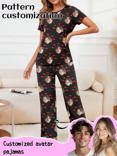 Printstory Customized Women's Short Sleeve Pajama Set, Can Print Any Pattern, Personalized Pajamas With Photos, Comfortable Sleepwear With Customized Funny Images. Suitable For Valentine's Day, Birthday, Gifts, Personalized, Colorful, Cute, Witty, Unique, Ideal Girlfriend Gift, Suitable For Girlfriend, Family, Friends, Elders, Fashionable For Autumn, Party Occasions