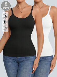 2件装无缝女士塑身吊带背心，配有可调节肩带 - 舒适百搭，适合日常叠穿 - 彩色 - 查看 1