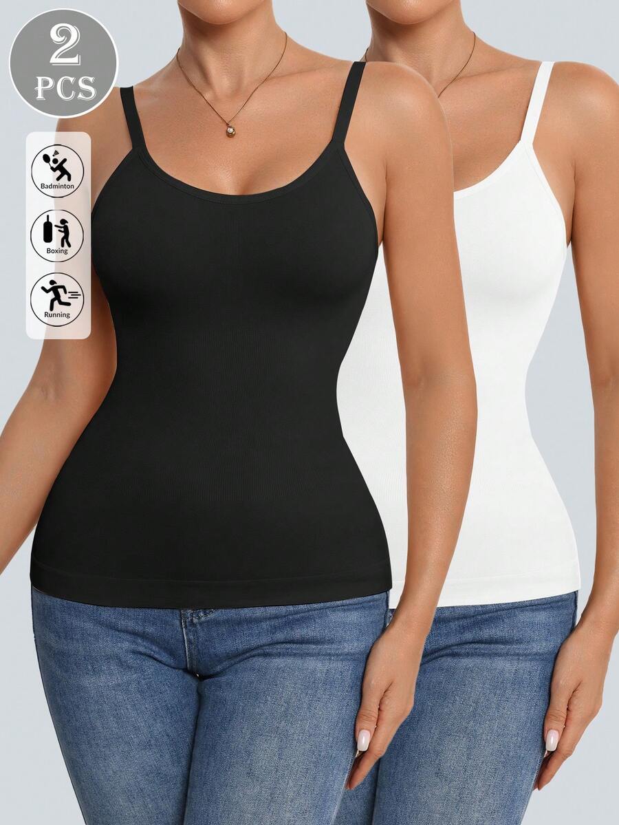 2件装无缝女士塑身吊带背心，配有可调节肩带 - 舒适百搭，适合日常叠穿 - 彩色 - 查看 1