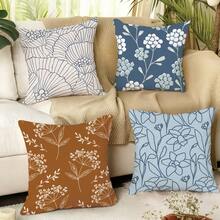 4pcs Vintage Nordic Style Floral Leaf Plant Line Art Printed Throw Pillow Covers [No Pillow Insert], 17.7*17.7in(45*45cm), [Single-Sided Printing] Polyester Home Decor Cushion Covers For Sofa, Bed, Living Room, Bedroom, Car, Office, Hotel, All Seasons, Perfect Gift For Family And Friends - Multicolor - View 1