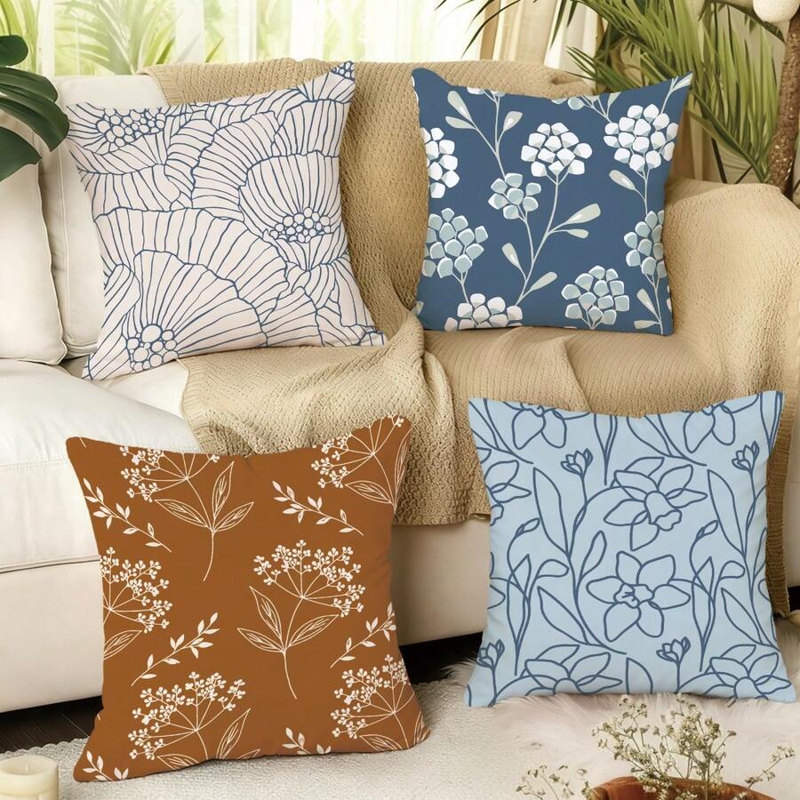 4pcs Vintage Nordic Style Floral Leaf Plant Line Art Printed Throw Pillow Covers [No Pillow Insert], 17.7*17.7in(45*45cm), [Single-Sided Printing] Polyester Home Decor Cushion Covers For Sofa, Bed, Living Room, Bedroom, Car, Office, Hotel, All Seasons, Perfect Gift For Family And Friends - Multicolor - View 1