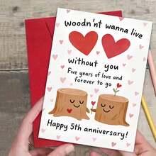 1pc "Woodn't Wanna Live Without You: Happy 5th Anniversary" Cute Tree Stump Couple Card – Sweet White Design With Playful Smiling Tree Stumps (Plus Heart Accents) And Punny, Warm Anniversary Text. Perfect For Gifting To A Partner On Your 5th Anniversary, Blending Silly Wordplay With Sincere "Forever" Affection. Cheerful, Charming Tone, Includes Red Envelope – A Delightful, Whimsical Card To Celebrate 5 Years Of Love And More To Come. - Multicolor - View 1