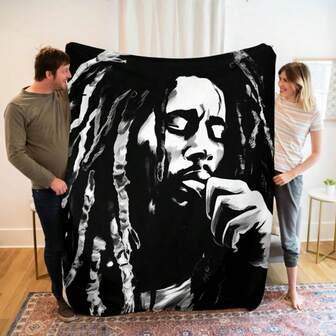 1 pieza Manta con patrón de boceto del legendario reggae Bob Marley, de estilo moderno, impresión digital, de franela de poliéster tejida, suave y cómoda, adecuada para el hogar, la oficina y el campamento al aire libre - para todas las estaciones