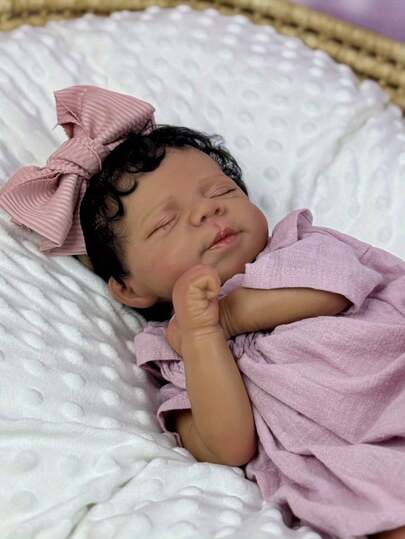 45cm Reborn Sleeping Doll Toy, Suitable For Girls, Dark Brown Skin, Vinyl Limbs, Cloth Body, Smiling Doll, Comes With Clothes And Headband, Birthday Gift, Collectible Lifelike Doll