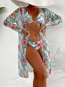 新款夏季女士性感打结吊带比基尼套装，配网纱罩衫，三件套泳衣，适合海滩度假 - 白色 - 查看 1