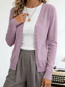 Women's Elegant V-Neck Stretch Knit Cardigan - Highly Soft Button-Front Design, Machine Washable, Casual And Fashionable All-Season Pullover, Versatile Layering Item | Comfortable And Cozy Knit Sweater - Màu tím - Xem 3