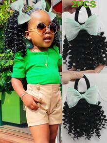 2pcs Ponytail With Yarn Bow Clip Hair 8inch Kids Deep Wave Hair Go Afro Kinky Marley With Elastic For Girls - Natural Black - View 8