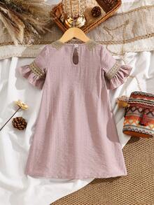 Spring/Summer Girls' Dress, Simple & Comfortable, Collar & Cuffs Decorated With Exquisite Golden Embroidered Floral Lace, Elegant A-Line Silhouette, Suitable For Vacation & Outdoor Activities - Dusty Pink - View 2