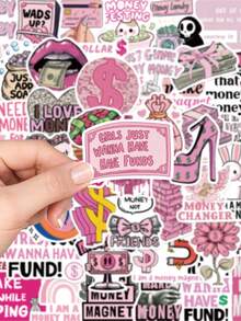 50pcs Pink I Love Money Sticker Funny Aesthetic Decals For Laptop Luggage Guitar Fridge Stationery Phone Case Sticker - Multicolor - View 5