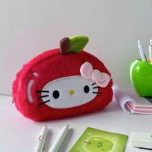 1pc Sanrio Cartoon Cute New Apple Kitty Cat Plush Pencil Case, Large Stationery Bag, Portable High-Quality Cosmetic Organizer Pouch - Multicolor - View 5