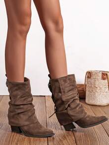Slip-On Knee-High Boots With Chunky Heels, Minimalist And Versatile Pointed Toe, Women's Sexy Lady Rider Boots - Zaitun 2 - View 3