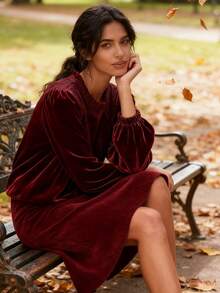 Velvet Trim Lace Blouse Women Long Sleeve Elegant Swing Top Flared Hem Round Neck Casual Blouse Tunic - 中紫紅色 - 查看 6