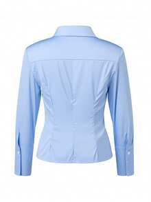 Womens Shirts Long Sleeve Lapel Collar Button Down Fashion Solid Color Slim Fit Blouses - Blue - View 2