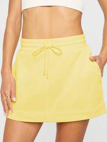Women's French Solid Color Terry Skorts Drawstring Tie Shorts Daily Skirts Elastic High Waist Drawstring Workout Mini Skirt With Pockets - Light Yellow - View 4