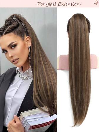 Extensiones de cola de caballo con cordón, cola de caballo falsa y recta con apariencia natural y suave, extensión de cabello sintético resistente al calor, con reflejos marrón claro y marrón ceniza - color marrón claro con reflejos marrón ceniza