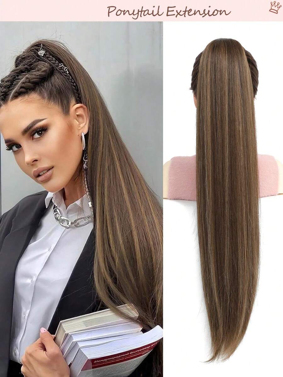 Drawstring Long Straight Synthetic Hair Extension Ponytail, Natural Soft Clip-In Hair Piece - Light Brown With Ash Brown Highlights - Brown Highlight - View 1