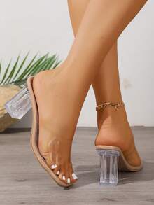 Women's High Heel Sandals, Women's Fashion High Heel Slippers, Crystal Heel Thick Heel Transparent Slip-On Open Toe Open Heel Sandals - Apricot - View 4