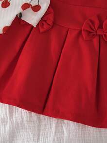 2件套女婴樱桃印花蝴蝶结装饰短袖上衣和蝴蝶结装饰半裙休闲套装