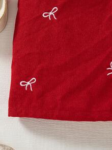 Girls Valentine's Day Solid Ribbed Ruffle Trim Long Sleeve Top + Bow Embroidered Corduroy Suspender Skirt - Red - View 4