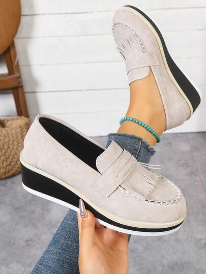 Women's Preppy Platform Loafers, Thick Sole Slip-On Shoes, Fringe Casual Shoes, Lightweight For Spring & Autumn, Plus Size