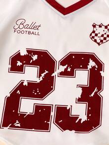 [Back To School 2-Piece Set] Tween Girls' Soccer Outfit, Big Kids' Sweet & Cool Sports Style, Colorblock Design, Summer, Collegiate Look Set: White V-Neck Colorblock Burgundy Numeric Print T-Shirt + 3D Bow Decor + "Ballet Football" Letter + Burgundy Pleated A-Line Mini Skirt, Comfortable Breathable Fabric For School, Sports, Casual Outings - Burgundy - View 9