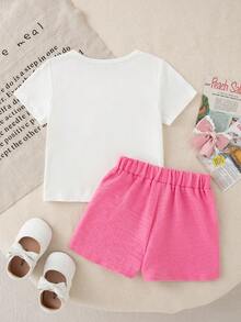 女婴情人节新品字母大蝴蝶结印花短袖圆领上衣+3D蝴蝶结装饰短裙套装，夏季 - 玫紅色 - 查看 2