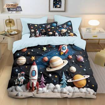 Juego de ropa de cama de 3 piezas (1 funda nórdica + 2 fundas de almohada, sin relleno), espacio colorido y cielo estrellado del universo, patrón de estrellas de dibujos animados, adecuado como regalo de vacaciones para amantes, amigos, familiares, ropa de cama personalizada diaria, suave, cálida, funda nórdica amigable con la piel, varios tamaños, tamaño extra grande, esencial para entusiastas de la exploración del universo y el espacio