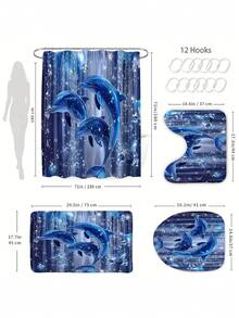 1/4 piezas Juego de cortina de baño con delfín, cortina de ducha impermeable con estampado de delfín, adecuada para habitación, hogar, hotel, lavable a máquina - Multicolor - Ver 5