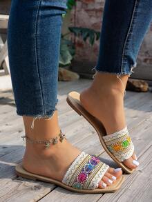 WRCVS Chinelos Planos Bordados Brancos Femininos, Sandálias Estampadas em Estilo Boêmio para Festa, Férias, Uso Externo