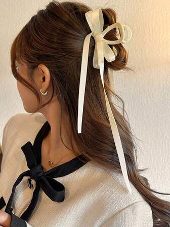 1 PC Women's Solid Color Double Layer Bow Hair Claw Clip With Ribbon Streamers, Suitable For Daily Use Elegant Valentine's Day Valentines Summer Hair Clips Hair Jaw Clip Hair Clamps Hair Clutch Hair Catcher Clip, Bow Accessories, School Stuff, College Fall Winter Hair Accessories For Women For Vacation Outfits Woman