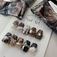 6pcs Marble Gray-Brown Gradient Autumn/Winter Fashionable Amber Nail Art Stamping Plates, Gray Leopard Animal Print Nail Stickers DIY - Brown - View 6