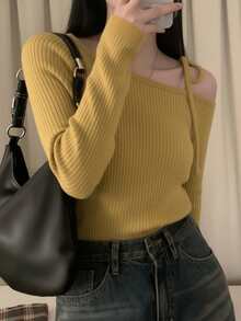 不对称露肩系带蝴蝶结设计百搭针织毛衣上衣，女士休闲装 - 花杏色 - 查看 3