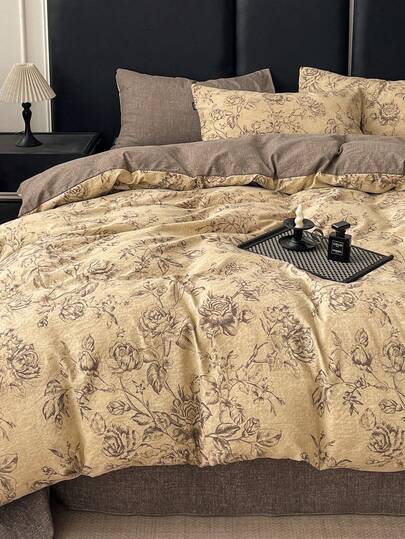 Juego de ropa de cama floral vintage suave y cómodo, incluye 1 funda nórdica, 1 sábana plana, 2 fundas de almohada, sin relleno, adecuado para dormitorio, dormitorio, uso doméstico, disponible en múltiples tamaños para cama individual, cama de matrimonio, cama queen