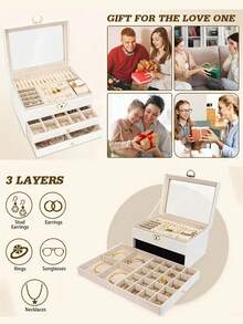 Brodark صندوق مجوهرات جلدي فاخر ثلاثي الطبقات، صندوق تخزين مجوهرات كبير السعة للعقود والأقراط والأساور والخواتم، شائع على الإنترنت - الأسود - مشاهدة 11