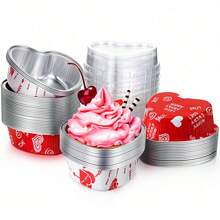Aluminum Foil Cake Pan Heart Shaped Cupcake Cup With Lids 100 Ml/ 3.4 Ounces Mini Cupcake Cup Flan Baking Cups For Valentine Mother's Day Wedding Xmas Birthday - Multicolor - View 2