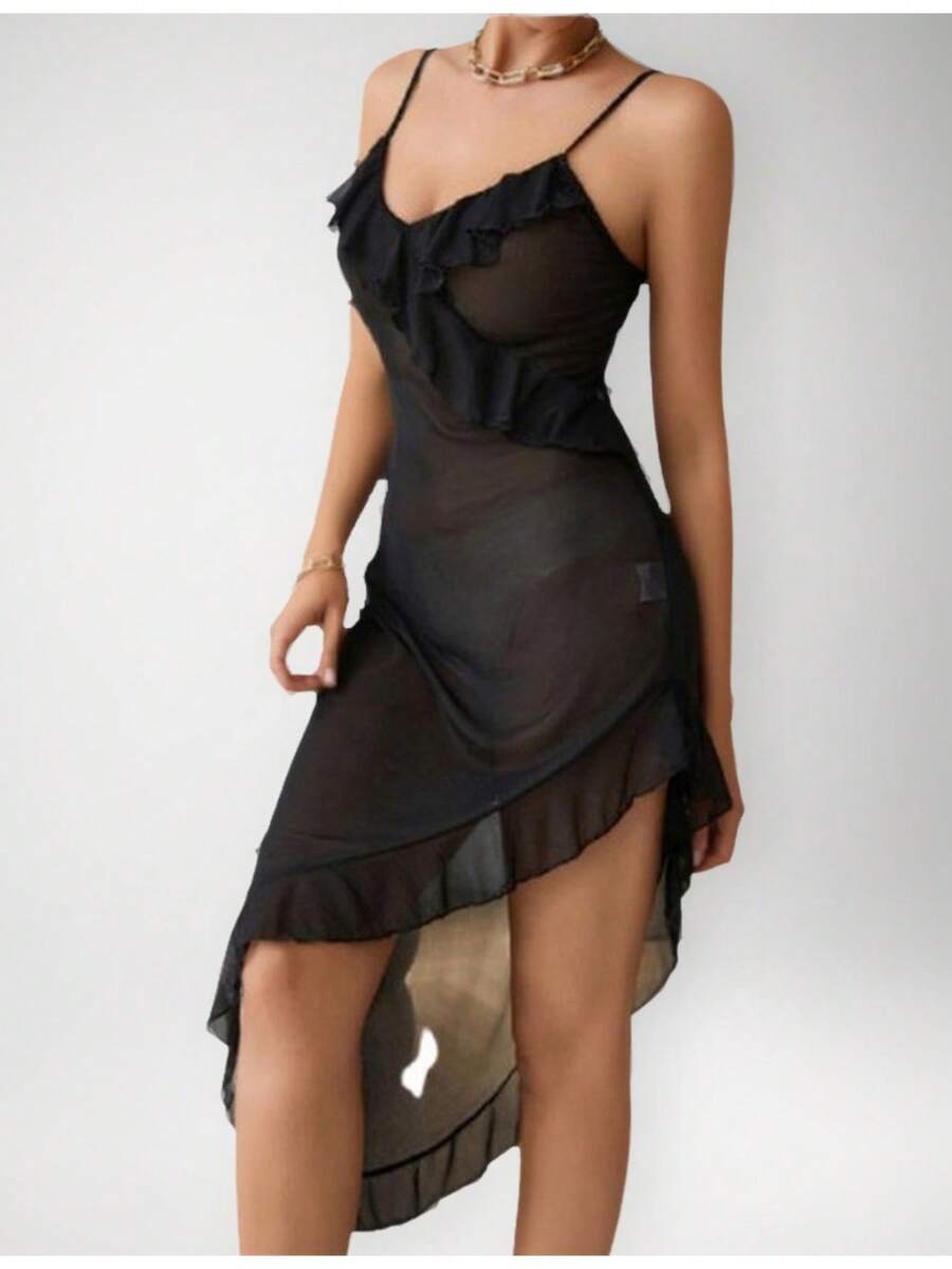 Camisones De Malla Transparente Con Volantes De Color Liso Lencería Sexy - Negro - Ver 1