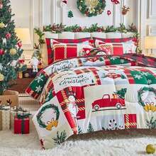 Juego de edredón de Navidad, diseño reversible con muñeco de nieve, copo de nieve, ciervo y cuadros, de microfibra suave y ligera para todas las ocasiones - Patchwork Plaid - Ver 5