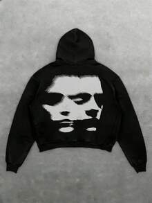 Men's Black Cotton Distressed Pattern Hoodie - Loose Fit Street Style Sweatshirt, Casual Pullover, Black Back Design, All-Season Comfort, Machine Washable, Perfect Gift For Men And Women ( Face Pattern Print), Unisex Fashion Loose Fit, Hooded Style, Suitable For Casual Outfits, Men's Plus Size Hoodie, Loose Fit Hoodie, Essential Hoodie - 黑色 - 查看 1