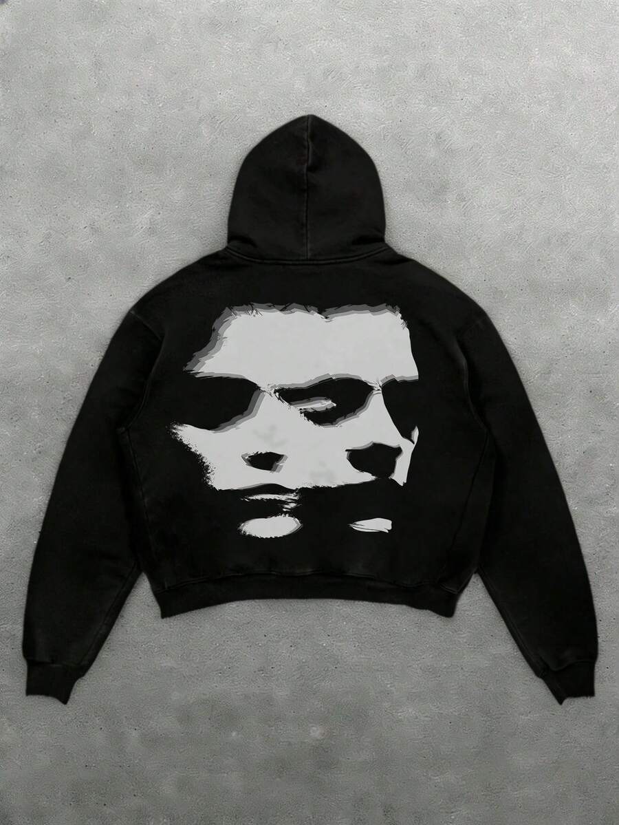 Men's Black Cotton Distressed Pattern Hoodie - Loose Fit Street Style Sweatshirt, Casual Pullover, Black Back Design, All-Season Comfort, Machine Washable, Perfect Gift For Men And Women ( Face Pattern Print), Unisex Fashion Loose Fit, Hooded Style, Suitable For Casual Outfits, Men's Plus Size Hoodie, Loose Fit Hoodie, Essential Hoodie - 黑色 - 查看 1