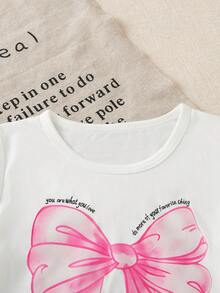 女婴情人节新品字母大蝴蝶结印花短袖圆领上衣+3D蝴蝶结装饰短裙套装，夏季 - 玫紅色 - 查看 5