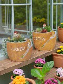 "Whimsical Resin Succulent Planter With Mini Figure & Staircase Design - Rustic 'GREEN' Decor Pot For Indoor Windowsill/Outdoor Garden (Plant Not Included)" - Multicolor - View 5
