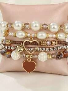 5 件装珍珠和水晶串珠手链，时尚多层腕带套装，适合女士