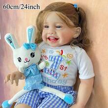 24 Inch (60cm) Lifelike Reborn Baby Doll, 3D Painted Skin, Visible Veins, Cloth Body Toy, Soft Vinyl Newborn Baby Girl, Handmade, Bright Smile, Toddler Princess - Blue and White - View 3