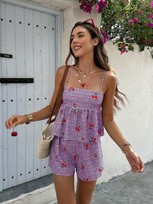 Bộ đồ Doriss 2 món gồm áo hai dây và quần short in họa tiết quả anh đào, thích hợp cho các lễ hội, kỳ nghỉ, những dịp thu hút sự chú ý, những kỳ nghỉ lãng mạn, những dịp thanh lịch, đi học, dã ngoại và các sự kiện khác. - Màu tím - Xem 3