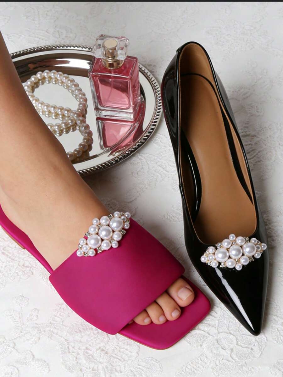 2pcs Beige Faux Pearl & Rhinestone Metal Decor, Fashion Elegant Classic Cute DIY High Heel Shoes Accessories, Suitable For Stylish Sexy Ladies' Date Shoes, Boots, Sneakers, Clothing Brooch Clips, Bag Clips, Home Decor Multipurpose Decorations - Beige - View 1