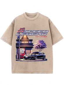 SPEED LEGEND Graphic Wash T - Shirt, Men's/Women's, Casual Short - Sleeve, Retro Japanese - Urban Design, Tribute To Speed & Cars - Coffee Brown - View 1
