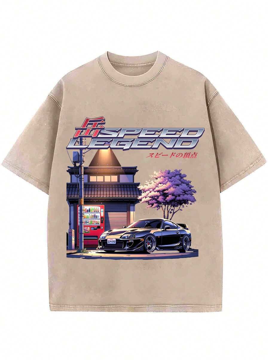 SPEED LEGEND Graphic Wash T - Shirt, Men's/Women's, Casual Short - Sleeve, Retro Japanese - Urban Design, Tribute To Speed & Cars - Coffee Brown - View 1