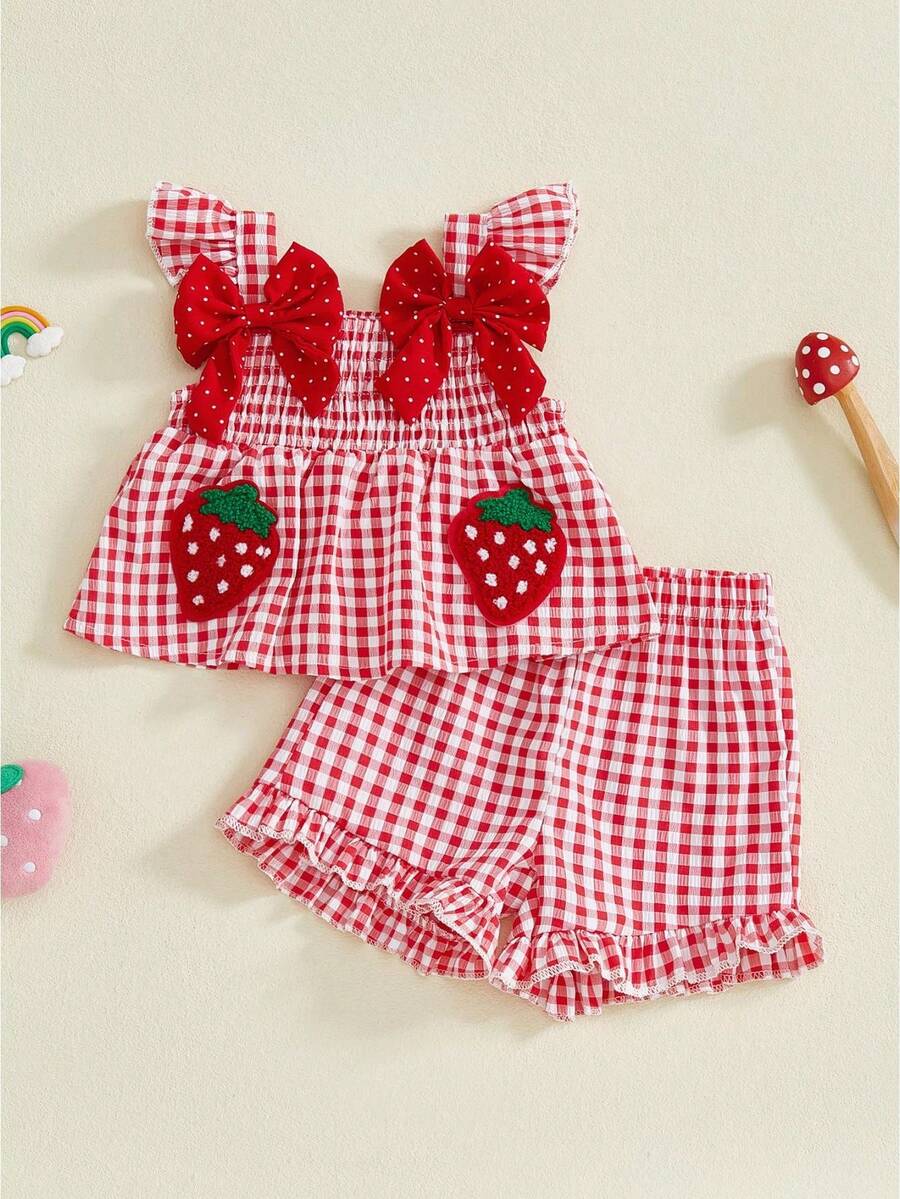 Toddler Baby Girl Summer Outfit Strawberry Embroidered Plaid Bows Ruffled Trim Tank Tops And Shorts 2 Pcs Set - Red - View 1